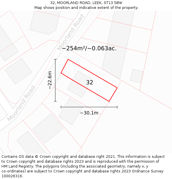 32, MOORLAND ROAD, LEEK, ST13 5BW: Plot and title map