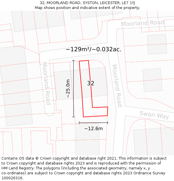 32, MOORLAND ROAD, SYSTON, LEICESTER, LE7 1YJ: Plot and title map