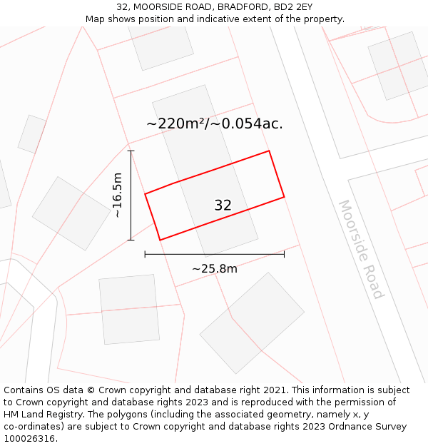 32, MOORSIDE ROAD, BRADFORD, BD2 2EY: Plot and title map