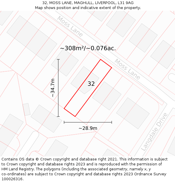 32, MOSS LANE, MAGHULL, LIVERPOOL, L31 9AG: Plot and title map
