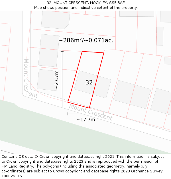 32, MOUNT CRESCENT, HOCKLEY, SS5 5AE: Plot and title map