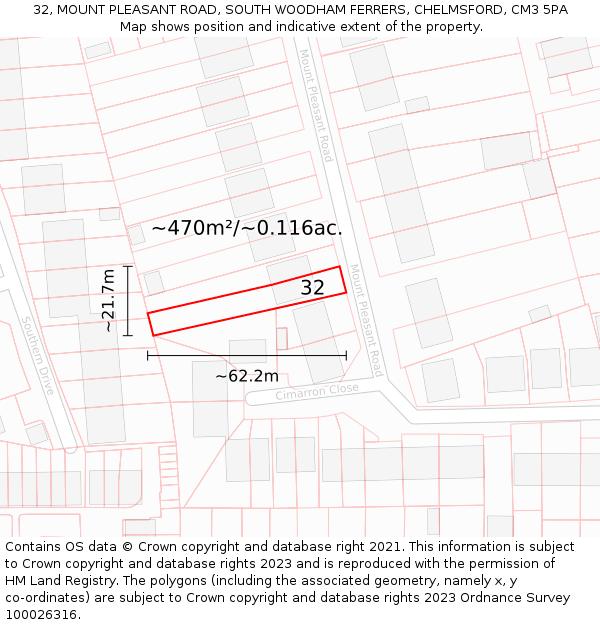 32, MOUNT PLEASANT ROAD, SOUTH WOODHAM FERRERS, CHELMSFORD, CM3 5PA: Plot and title map