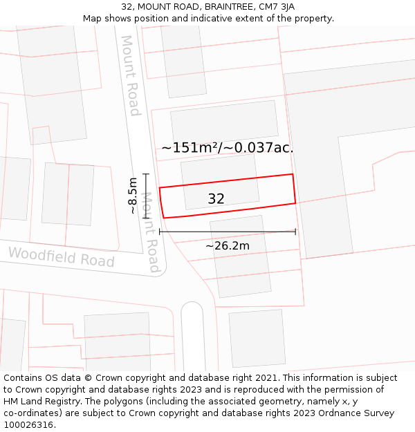 32, MOUNT ROAD, BRAINTREE, CM7 3JA: Plot and title map