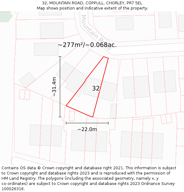 32, MOUNTAIN ROAD, COPPULL, CHORLEY, PR7 5EL: Plot and title map