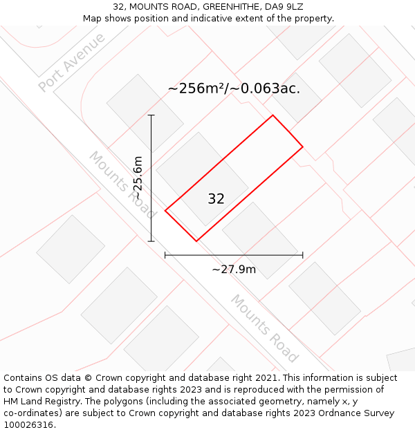 32, MOUNTS ROAD, GREENHITHE, DA9 9LZ: Plot and title map