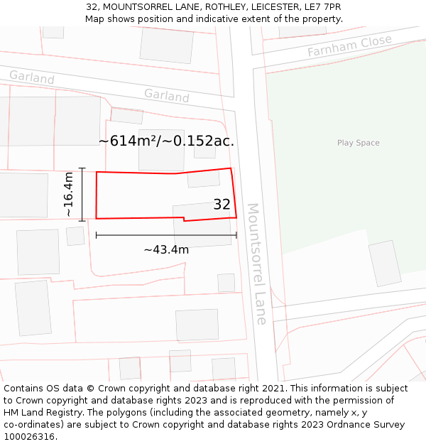32, MOUNTSORREL LANE, ROTHLEY, LEICESTER, LE7 7PR: Plot and title map