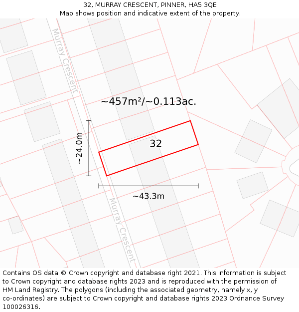 32, MURRAY CRESCENT, PINNER, HA5 3QE: Plot and title map
