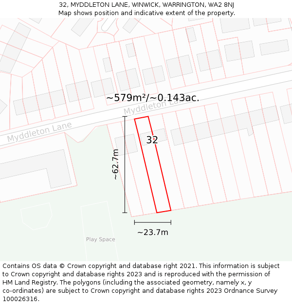 32, MYDDLETON LANE, WINWICK, WARRINGTON, WA2 8NJ: Plot and title map