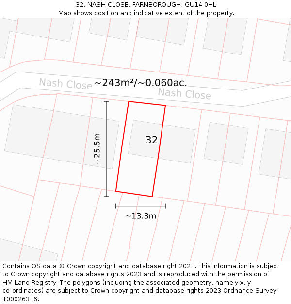 32, NASH CLOSE, FARNBOROUGH, GU14 0HL: Plot and title map