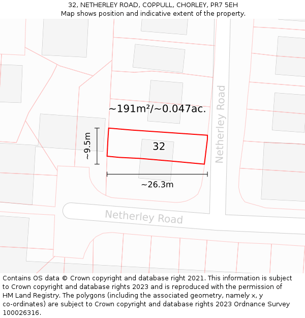 32, NETHERLEY ROAD, COPPULL, CHORLEY, PR7 5EH: Plot and title map