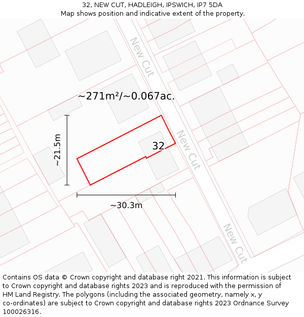 32, NEW CUT, HADLEIGH, IPSWICH, IP7 5DA: Plot and title map