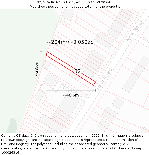 32, NEW ROAD, DITTON, AYLESFORD, ME20 6AD: Plot and title map