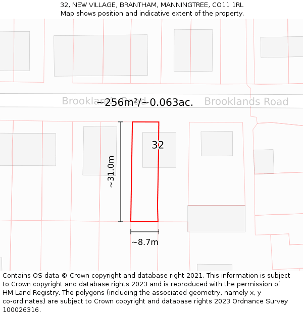 32, NEW VILLAGE, BRANTHAM, MANNINGTREE, CO11 1RL: Plot and title map
