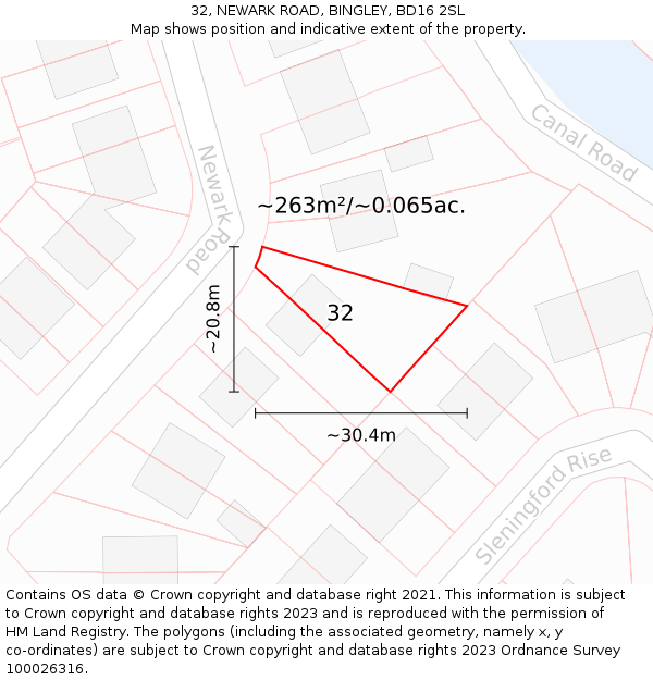 32, NEWARK ROAD, BINGLEY, BD16 2SL: Plot and title map