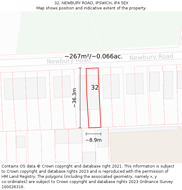 32, NEWBURY ROAD, IPSWICH, IP4 5EX: Plot and title map