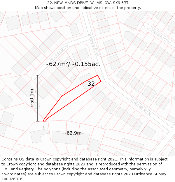 32, NEWLANDS DRIVE, WILMSLOW, SK9 6BT: Plot and title map