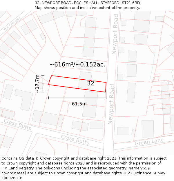 32, NEWPORT ROAD, ECCLESHALL, STAFFORD, ST21 6BD: Plot and title map