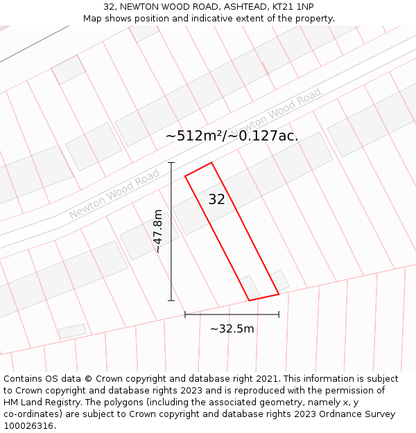 32, NEWTON WOOD ROAD, ASHTEAD, KT21 1NP: Plot and title map