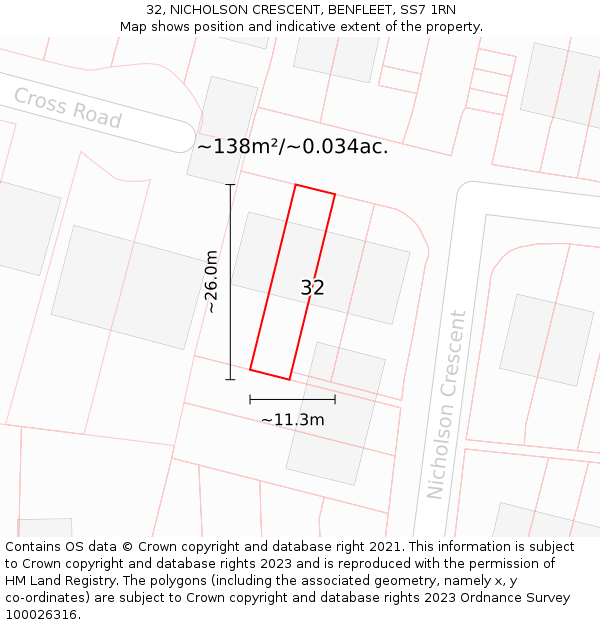 32, NICHOLSON CRESCENT, BENFLEET, SS7 1RN: Plot and title map