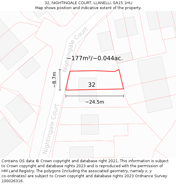32, NIGHTINGALE COURT, LLANELLI, SA15 1HU: Plot and title map