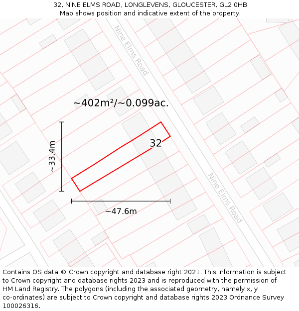 32, NINE ELMS ROAD, LONGLEVENS, GLOUCESTER, GL2 0HB: Plot and title map