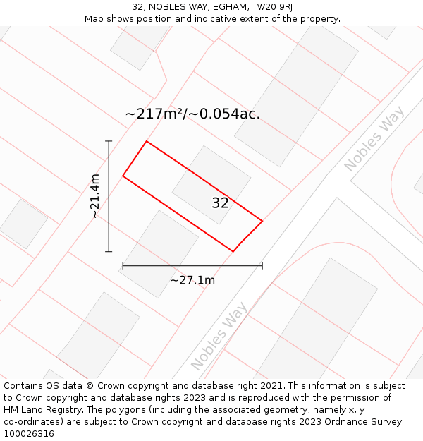 32, NOBLES WAY, EGHAM, TW20 9RJ: Plot and title map