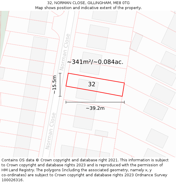 32, NORMAN CLOSE, GILLINGHAM, ME8 0TG: Plot and title map