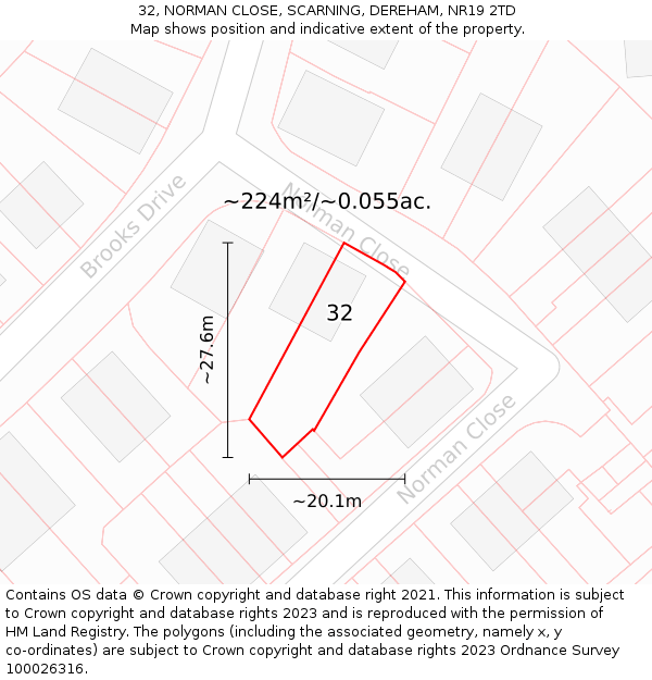 32, NORMAN CLOSE, SCARNING, DEREHAM, NR19 2TD: Plot and title map