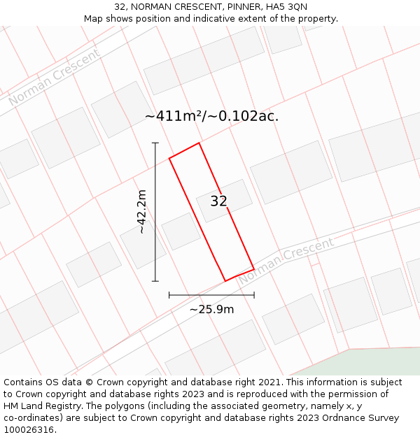 32, NORMAN CRESCENT, PINNER, HA5 3QN: Plot and title map