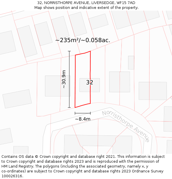 32, NORRISTHORPE AVENUE, LIVERSEDGE, WF15 7AD: Plot and title map