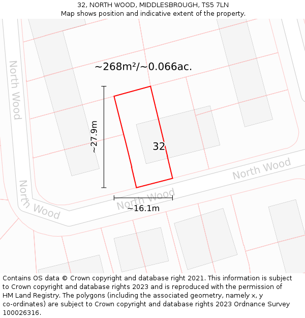 32, NORTH WOOD, MIDDLESBROUGH, TS5 7LN: Plot and title map