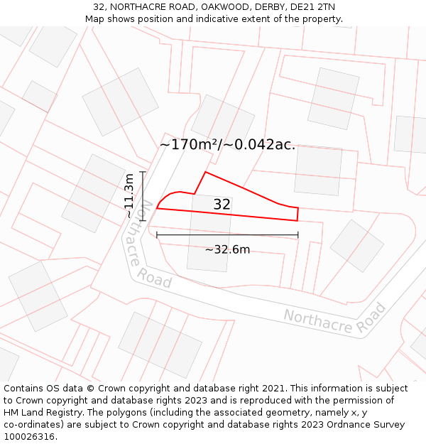 32, NORTHACRE ROAD, OAKWOOD, DERBY, DE21 2TN: Plot and title map