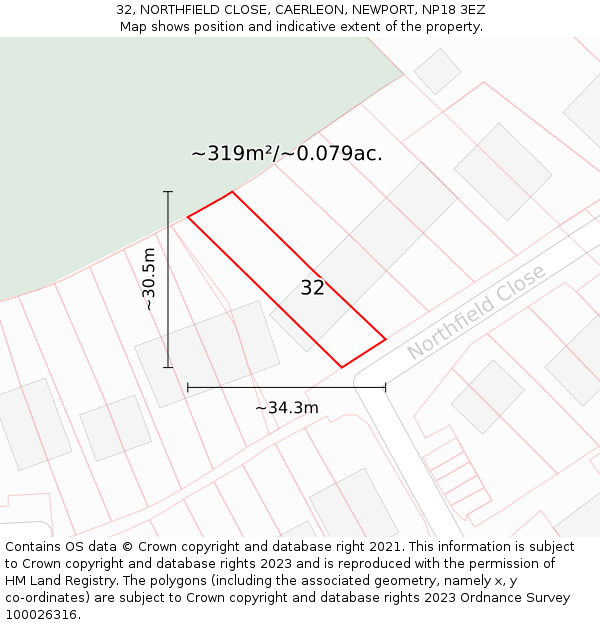 32, NORTHFIELD CLOSE, CAERLEON, NEWPORT, NP18 3EZ: Plot and title map