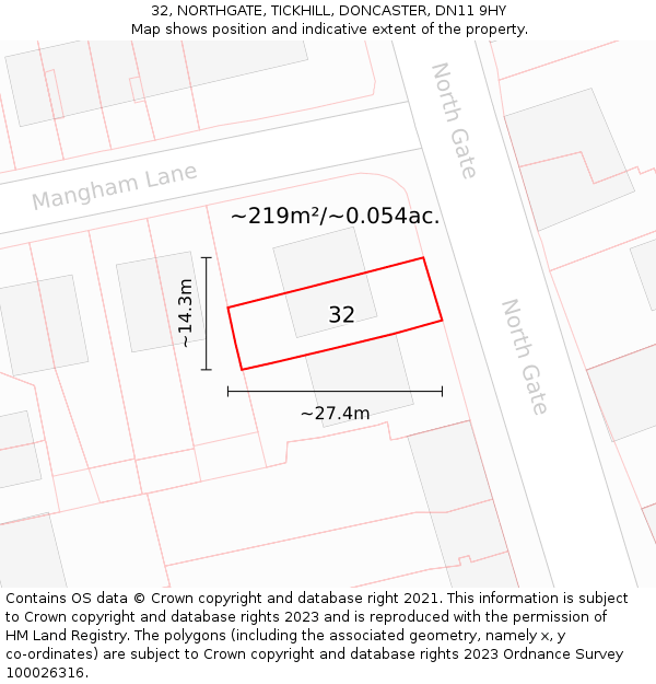32, NORTHGATE, TICKHILL, DONCASTER, DN11 9HY: Plot and title map