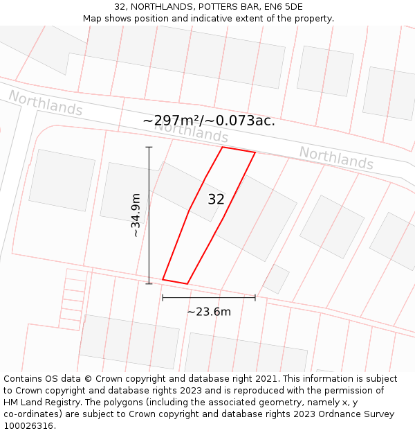 32, NORTHLANDS, POTTERS BAR, EN6 5DE: Plot and title map