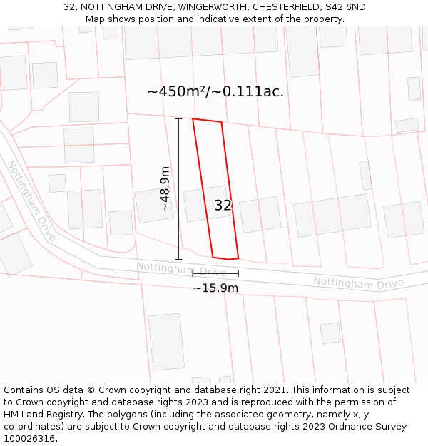 32, NOTTINGHAM DRIVE, WINGERWORTH, CHESTERFIELD, S42 6ND: Plot and title map