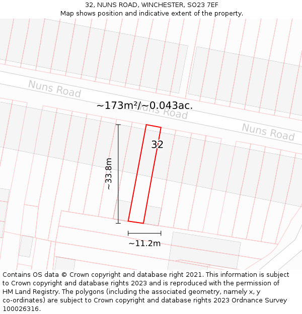 32, NUNS ROAD, WINCHESTER, SO23 7EF: Plot and title map
