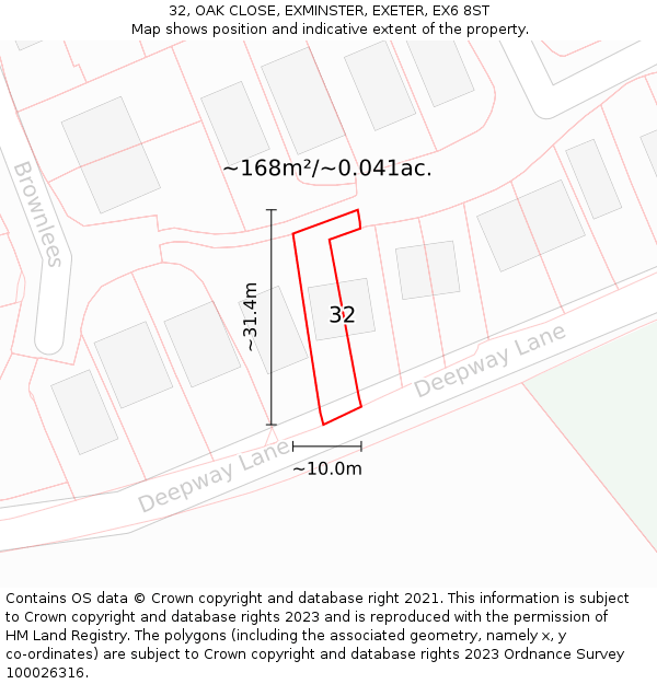 32, OAK CLOSE, EXMINSTER, EXETER, EX6 8ST: Plot and title map