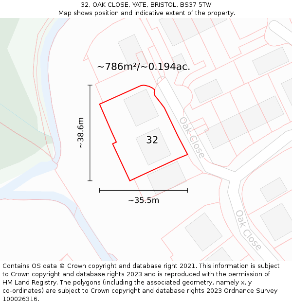 32, OAK CLOSE, YATE, BRISTOL, BS37 5TW: Plot and title map