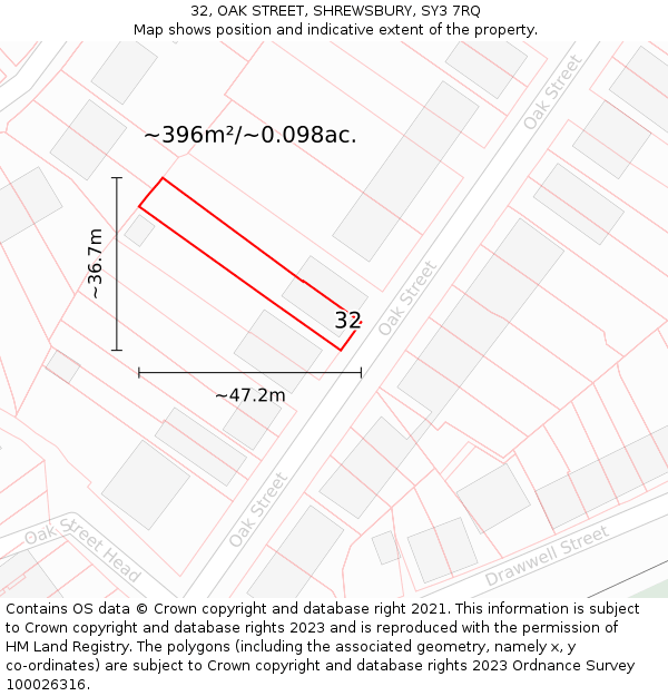 32, OAK STREET, SHREWSBURY, SY3 7RQ: Plot and title map