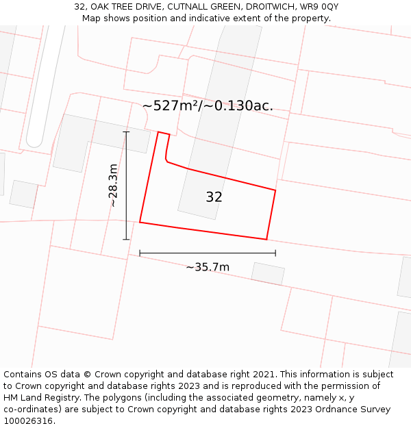 32, OAK TREE DRIVE, CUTNALL GREEN, DROITWICH, WR9 0QY: Plot and title map
