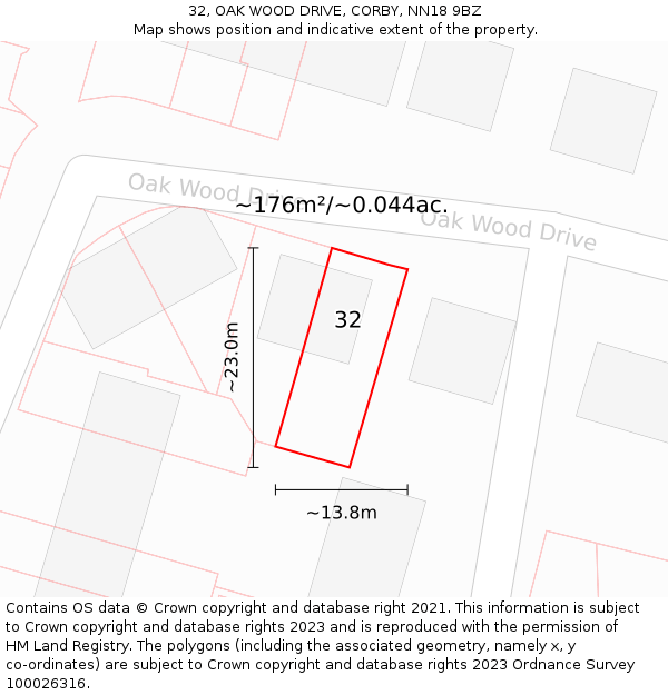 32, OAK WOOD DRIVE, CORBY, NN18 9BZ: Plot and title map