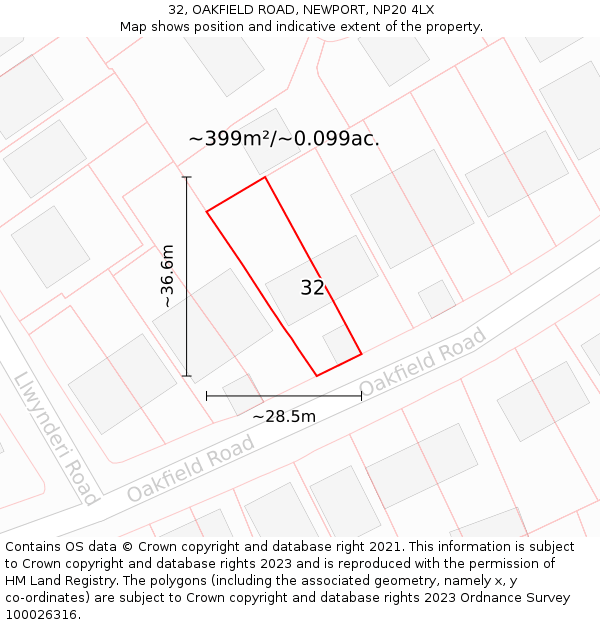 32, OAKFIELD ROAD, NEWPORT, NP20 4LX: Plot and title map
