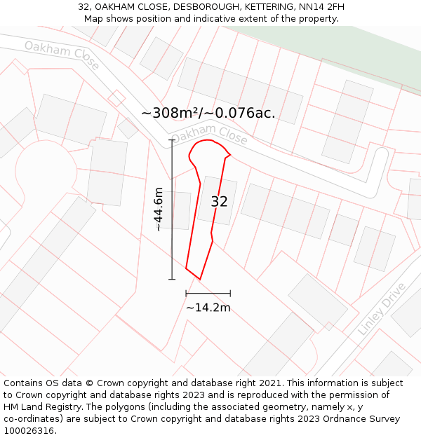 32, OAKHAM CLOSE, DESBOROUGH, KETTERING, NN14 2FH: Plot and title map