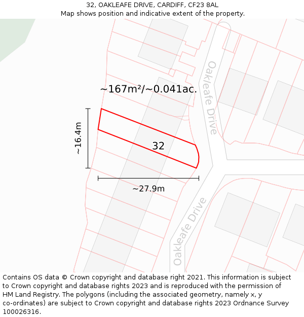 32, OAKLEAFE DRIVE, CARDIFF, CF23 8AL: Plot and title map