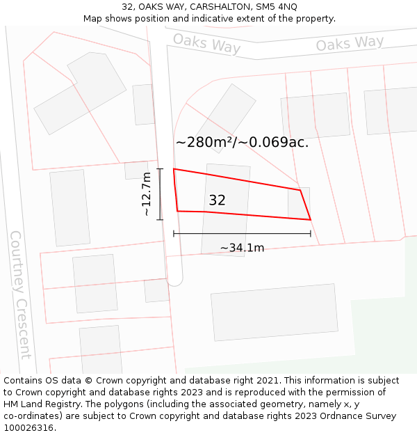 32, OAKS WAY, CARSHALTON, SM5 4NQ: Plot and title map