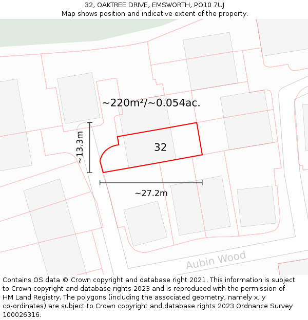32, OAKTREE DRIVE, EMSWORTH, PO10 7UJ: Plot and title map