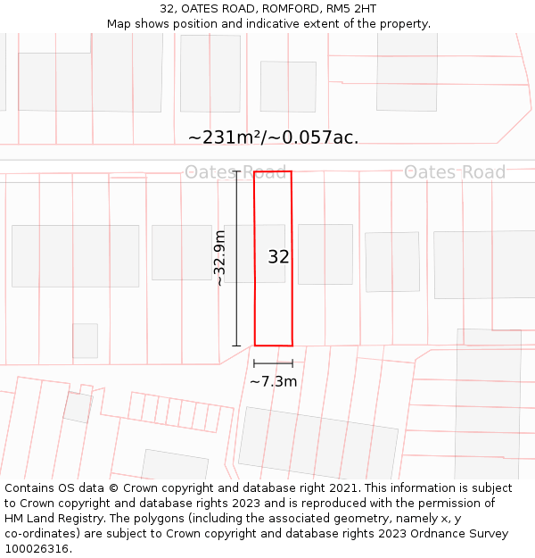 32, OATES ROAD, ROMFORD, RM5 2HT: Plot and title map