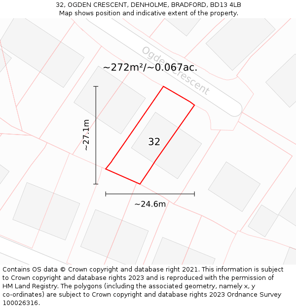 32, OGDEN CRESCENT, DENHOLME, BRADFORD, BD13 4LB: Plot and title map