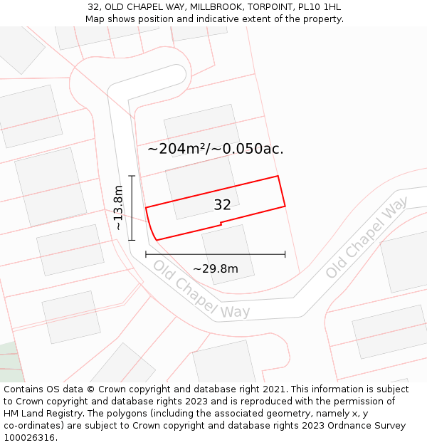 32, OLD CHAPEL WAY, MILLBROOK, TORPOINT, PL10 1HL: Plot and title map